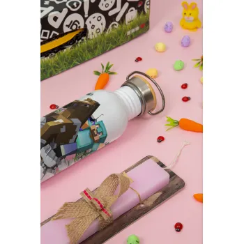 Minecraft brick, Πασχαλινή Λαμπάδα με παγούρι μεταλλικό (620ml, stainless steel) & κερί αρωματικό πλακέ (30cm) (ΡΟΖ)