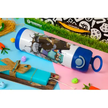 Minecraft brick, Easter candle, Childrens hot water bottle, stainless steel, with safety straw, BLUE (500ml)