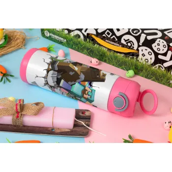 Minecraft brick, Easter candle, Childrens hot water bottle, stainless steel, with safety straw, PINK (500ml)