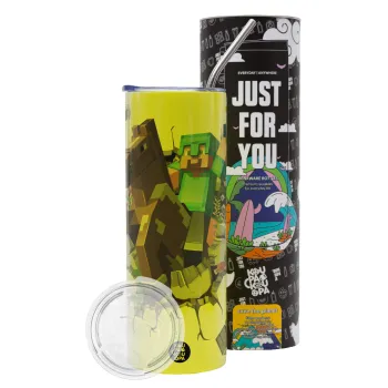 Minecraft brick, Neon Yellow Travel Tumbler θερμό, μεταλλικό καλαμάκι(Ανωξείδωτο 304 Food grade, BPA free, 600ml)