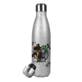 Minecraft brick, Metallic Glitter Silver Thermos Flask (Stainless steel), double-walled, 500ml
