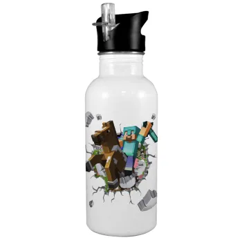 Minecraft brick, White water bottle with straw, stainless steel 600ml