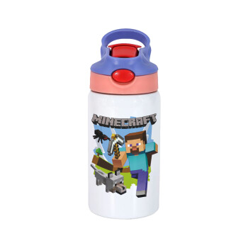 Minecraft Alex and friends, Children's hot water bottle, stainless steel, with safety straw, pink/purple (350ml)