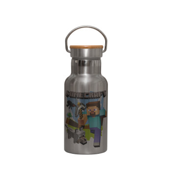 Minecraft Alex, Stainless steel metallic thermos flask, silver with a bamboo lid, double-walled, 350ml.