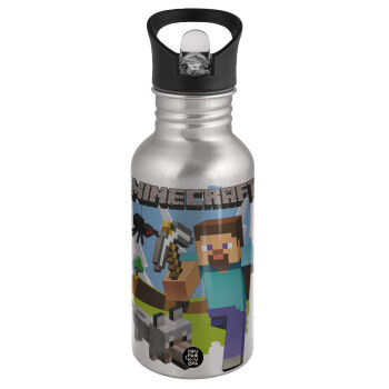 Minecraft Alex and friends, Water bottle Silver with straw, stainless steel 500ml