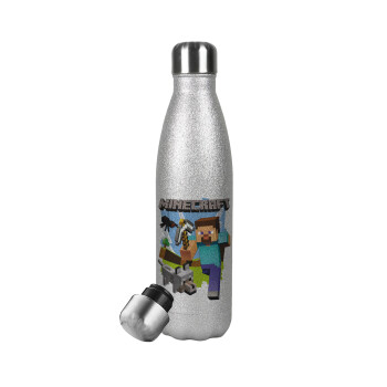 Minecraft Alex, Μεταλλικό παγούρι θερμός Glitter Aσημένιο (Stainless steel), διπλού τοιχώματος, 500ml