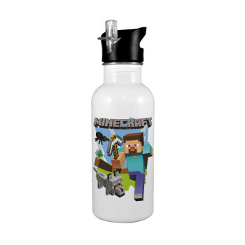 Minecraft Alex, White water bottle with straw, stainless steel 600ml