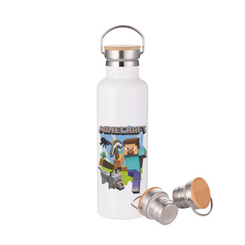 Minecraft Alex and friends, Stainless steel White with wooden lid (bamboo), double wall, 750ml