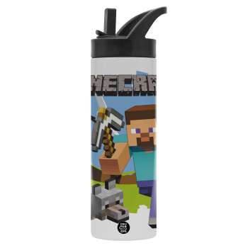 Minecraft Alex, Metallic thermos bottle with straw & handle, stainless steel (Stainless steel 304), double-walled, 600ml.