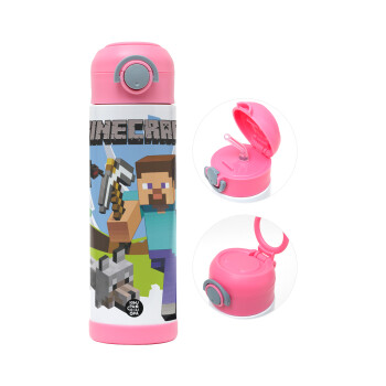 Minecraft Alex, Children's hot water bottle, stainless steel, with safety straw, PINK (500ml)