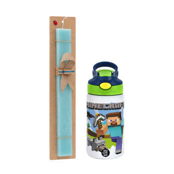 Minecraft Alex, Easter Set, Children's thermal stainless steel bottle with safety straw, green/blue (350ml) & aromatic flat Easter candle (30cm) (TURQUOISE)