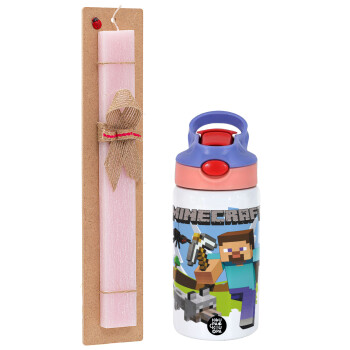 Minecraft Alex, Easter Set, Children's thermal stainless steel water bottle with safety straw, pink/purple (350ml) & Easter scented flat candle (30cm) (PINK)