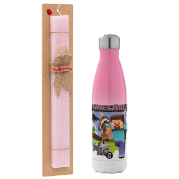 Minecraft Alex, Easter Set, Metallic pink/white (Stainless steel) thermos, double-walled, 500ml & aromatic flat Easter candle (30cm) (PINK)
