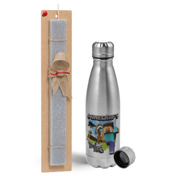 Minecraft Alex, Easter Set, metallic Inox water bottle (750ml) & aromatic flat Easter candle (30cm) (GRAY)