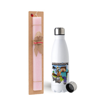 Minecraft Alex, Easter Set, metallic stainless steel water bottle (750ml) & scented flat Easter candle (30cm) (PINK)