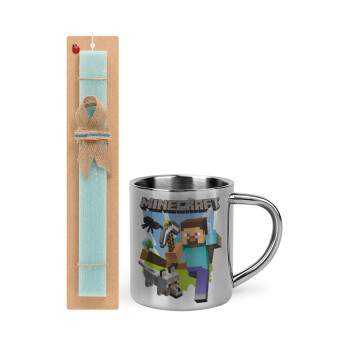 Minecraft Alex, Easter Set, metallic thermal cup (300ml) & aromatic flat Easter candle (30cm) (TURQUOISE)