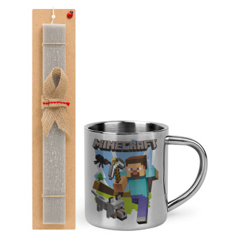 Minecraft Alex, Easter Set, metallic thermal cup (300ml) & Easter aromatic flat candle (30cm) (GRAY)