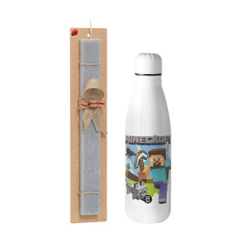 Minecraft Alex, Easter Set, metallic stainless thermos bottle (500ml) & scented flat Easter candle (30cm) (GRAY)