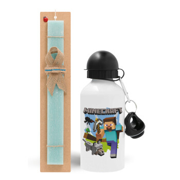 Minecraft Alex, Easter Set, metallic aluminum water bottle (500ml) & scented flat candle (30cm) (TURQUOISE)