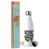 Easter Set, metallic stainless steel water bottle (750ml) & aromatic flat Easter candle (30cm) (TURQUOISE)