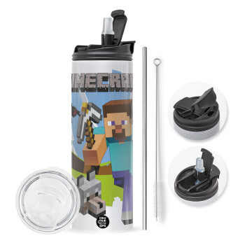 Minecraft Alex, Travel Tumbler 2 Lids, with metal straw & cleaning brush (Stainless steel 304 Food grade, BPA free, 600ml)