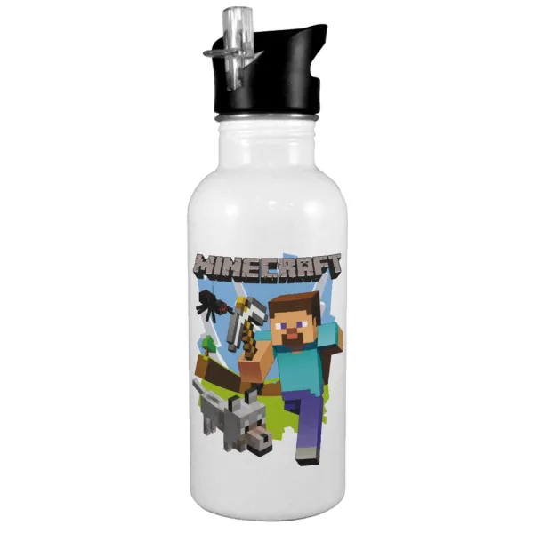 Minecraft Alex — White water bottle with straw, stainless steel 600ml