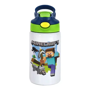 Minecraft Alex, Children's hot water bottle, stainless steel, with safety straw, green, blue (350ml)