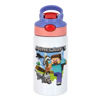 Minecraft Alex, Παιδικό παγούρι θερμό, ανοξείδωτο, με καλαμάκι ασφαλείας, ροζ/μωβ (350ml)