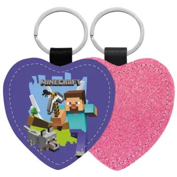 Minecraft Alex, Μπρελόκ PU δερμάτινο glitter καρδιά ΡΟΖ