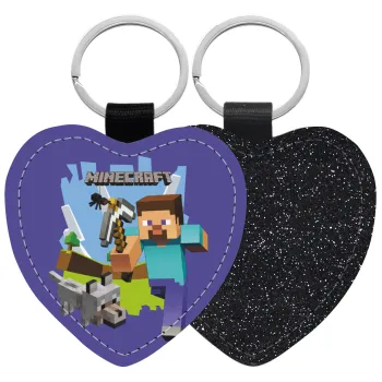 Minecraft Alex, Μπρελόκ PU δερμάτινο glitter καρδιά ΜΑΥΡΟ