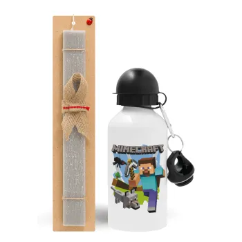 Minecraft Alex, Easter Set, metallic aluminum water bottle (500ml) & aromatic flat Easter candle (30cm) (GRAY)