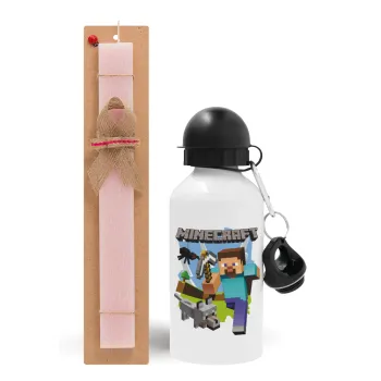 Minecraft Alex, Easter Set, metallic aluminum bottle (500ml) & aromatic flat Easter candle (30cm) (PINK)
