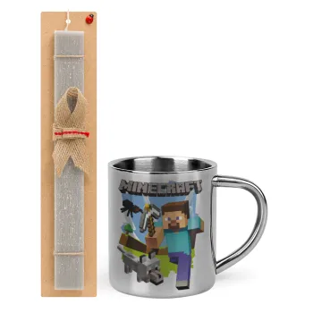 Minecraft Alex, Easter Set, metallic thermal cup (300ml) & Easter aromatic flat candle (30cm) (GRAY)