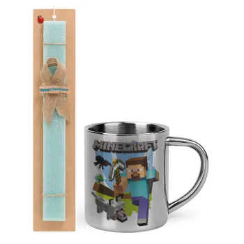 Minecraft Alex, Easter Set, metallic thermal cup (300ml) & aromatic flat Easter candle (30cm) (TURQUOISE)