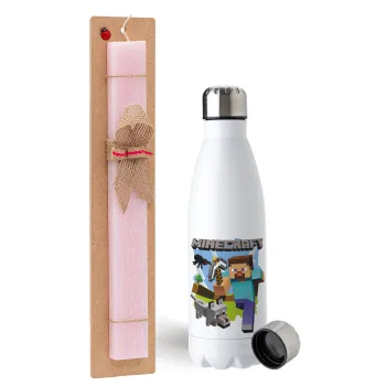 Minecraft Alex, Easter Set, metallic stainless steel water bottle (750ml) & scented flat Easter candle (30cm) (PINK)