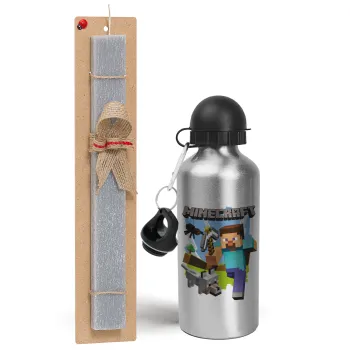 Minecraft Alex, Easter Set, metallic silver aluminum water bottle (500ml) & aromatic flat Easter candle (30cm) (GRAY)