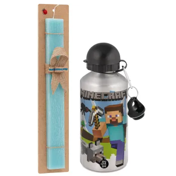 Minecraft Alex, Easter Set, metallic silver aluminum water bottle (500ml) & scented flat Easter candle (30cm) (TURQUOISE)