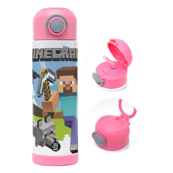 Minecraft Alex, Παιδικό παγούρι θερμό, ανοξείδωτο, με καλαμάκι ασφαλείας, ΡΟΖ (500ml)