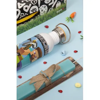 Minecraft Alex, Easter Set, metallic silver aluminum water bottle (500ml) & scented flat Easter candle (30cm) (TURQUOISE)