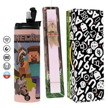 Minecraft Alex, Easter candle,Travel Tumbler 2 Lids, with metal straw & cleaning brush & aromatic flat candle (30cm) (PINK)