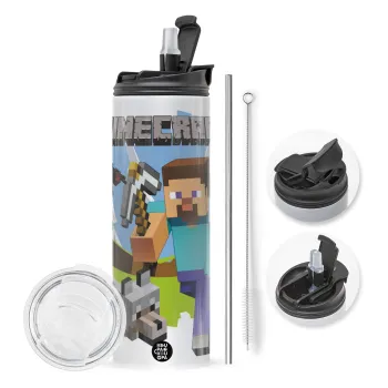 Minecraft Alex, Travel Tumbler θερμό με διπλό καπάκι, μεταλλικό καλαμάκι και βούρτσα καθαρισμού (Ανωξείδωτο 304 Food grade, BPA free, 600ml)