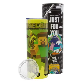 Minecraft Alex, Neon Yellow Travel Tumbler, with metal straw (Stainless steel 304 Food grade, BPA free, 600ml)
