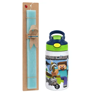 Minecraft Alex, Easter Set, Children's thermal stainless steel bottle with safety straw, green/blue (350ml) & aromatic flat Easter candle (30cm) (TURQUOISE)