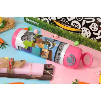 Minecraft Alex, Πασχαλινή Λαμπάδα με Παιδικό παγούρι θερμό, ανοξείδωτο, με καλαμάκι ασφαλείας, ΡΟΖ (500ml)