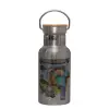 Stainless steel metallic thermos flask, silver with a bamboo lid, double-walled, 350ml.