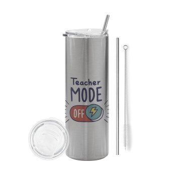 Teacher mode, Eco friendly stainless steel Silver tumbler 600ml, with metal straw & cleaning brush