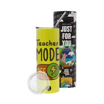 Teacher mode, Neon Yellow Travel Tumbler, with metal straw (Stainless steel 304 Food grade, BPA free, 600ml)