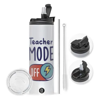 Teacher mode, Travel Tumbler θερμό με διπλό καπάκι, μεταλλικό καλαμάκι και βούρτσα καθαρισμού (Ανωξείδωτο 304 Food grade, BPA free, 600ml)