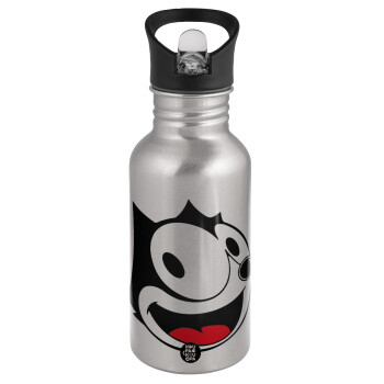 Felix the cat, Water bottle Silver with straw, stainless steel 500ml