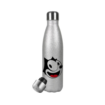 Felix the cat, Μεταλλικό παγούρι θερμός Glitter Aσημένιο (Stainless steel), διπλού τοιχώματος, 500ml